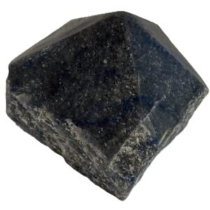 Natural dark blue aventurine standing point with polished facets and raw base sians emporium Dark blue aventurine crystal point featuring smooth polished facets at the top and a rough natural unpolished rock base on a white background